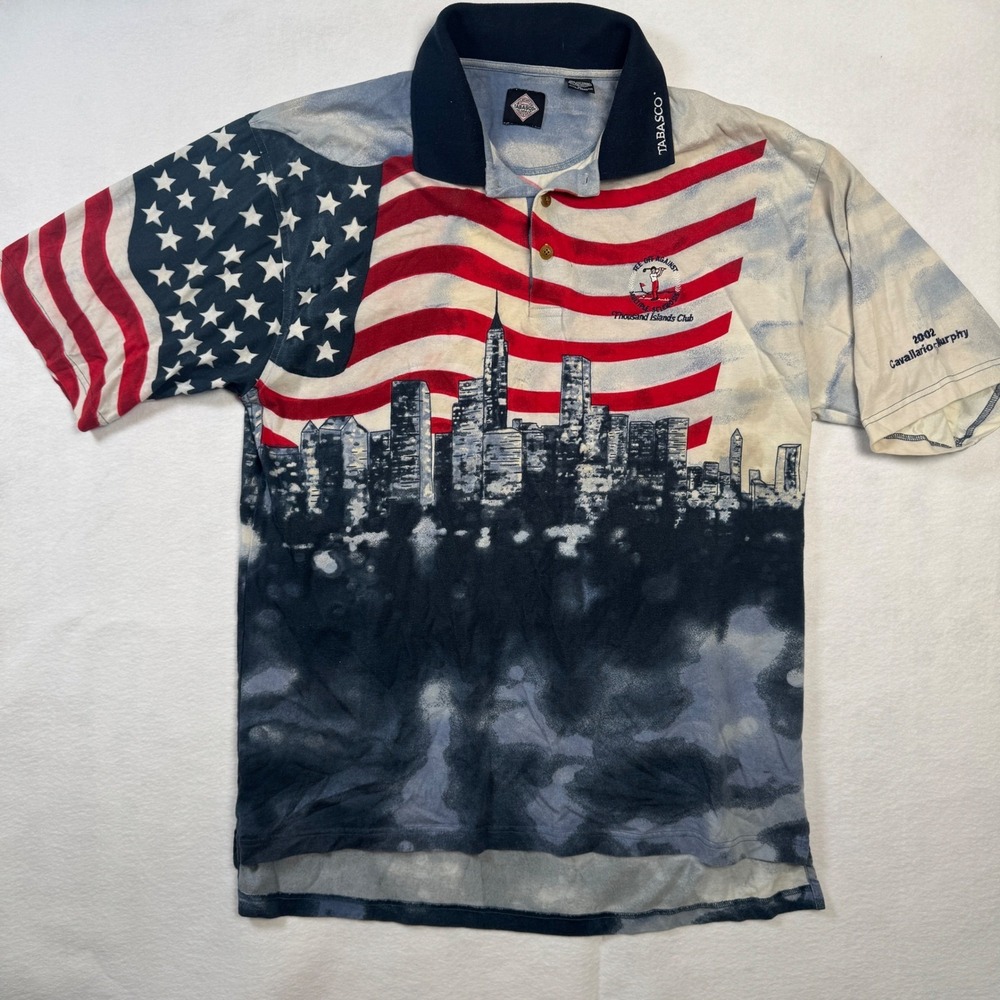 Vintage Tabasco American Flag NYC Skyline Polo Shirt Mens XL 2002 Golf Tee Off - Picture 1 of 9